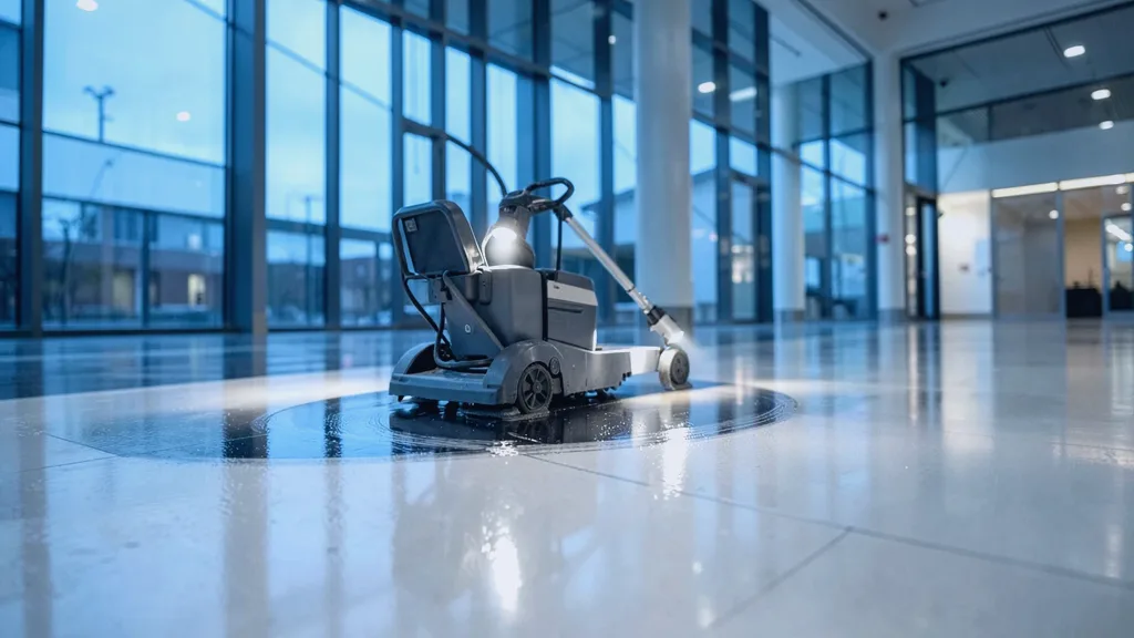 Ride-on rotary floor scrubber gliding in a slow arc across a glossy atrium floor