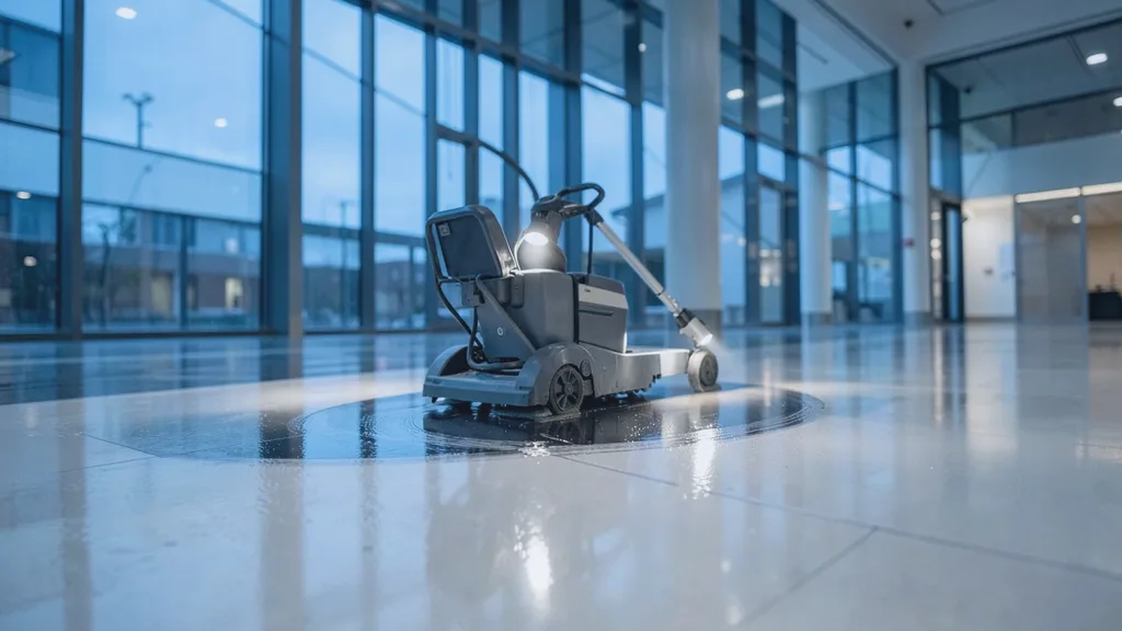 Ride-on rotary floor scrubber gliding in a slow arc across a glossy atrium floor