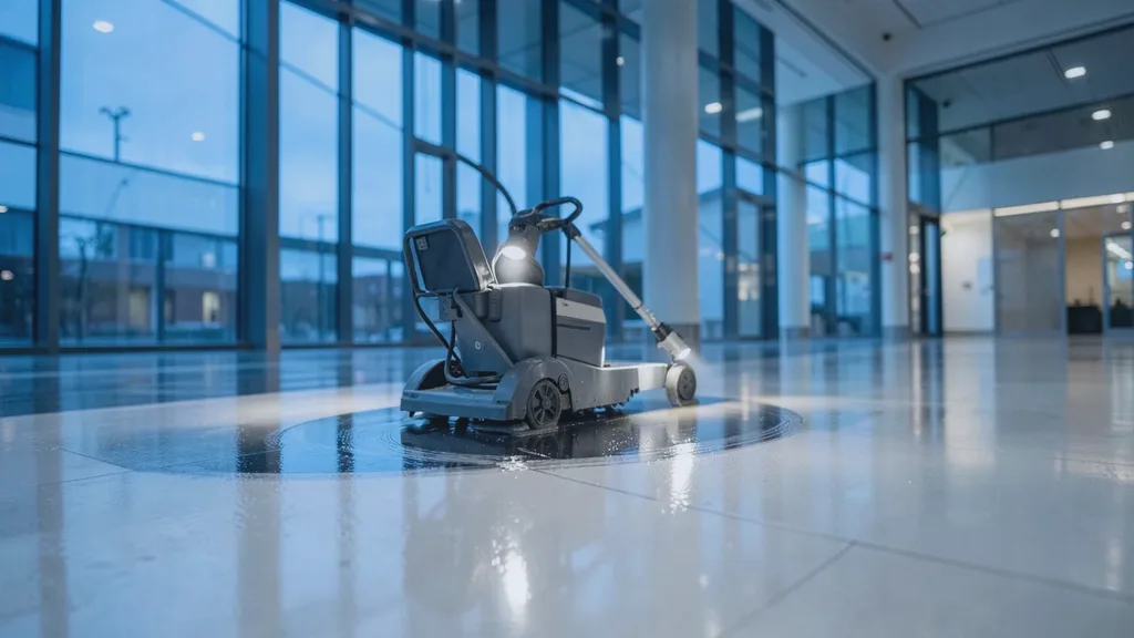 Ride-on rotary floor scrubber gliding in a slow arc across a glossy atrium floor