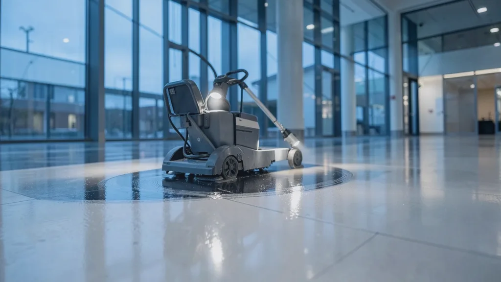 Ride-on rotary floor scrubber gliding in a slow arc across a glossy atrium floor