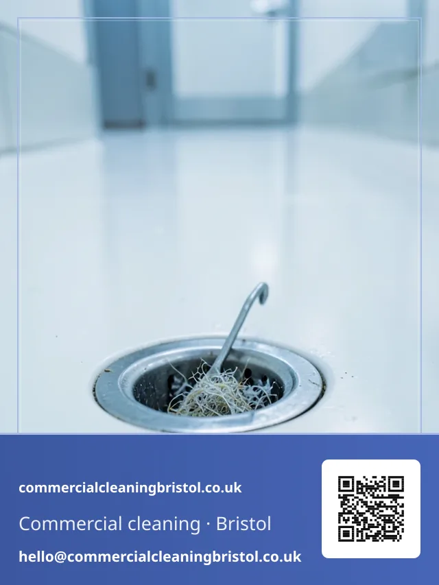 Washroom floor drain trap cleared of lint and hair with a small hooked tool
