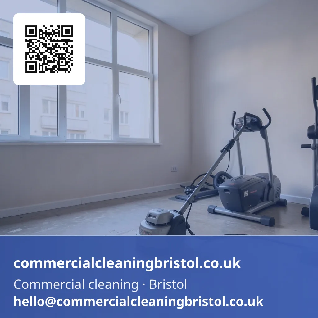 Residential block's shared gym room floor scrubbed with a small rotary machine