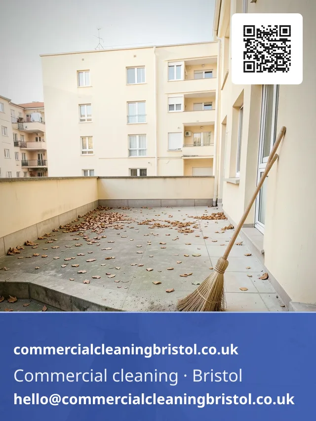 Residential block's rooftop terrace swept clear of leaves and grit ahead of the weekend