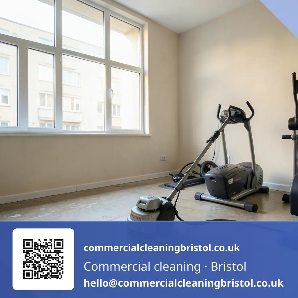Residential block's shared gym room floor scrubbed with a small rotary machine