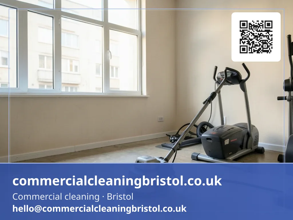 Residential block's shared gym room floor scrubbed with a small rotary machine