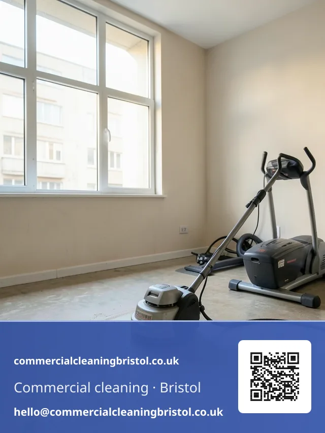 Residential block's shared gym room floor scrubbed with a small rotary machine
