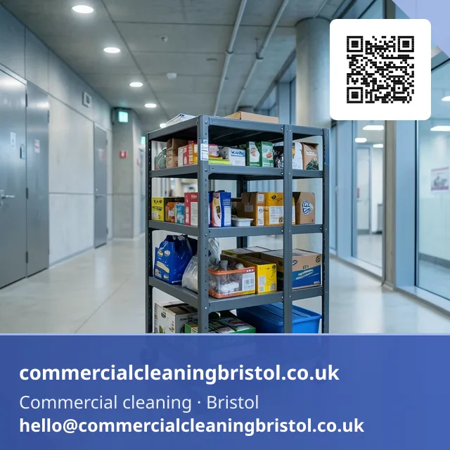 Cleaning cart staged in a service corridor between floors