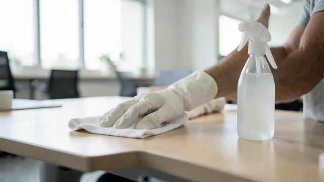 Cleaner wiping a desk edge in a bright open-plan office with a spray bottle and microfibre cloth