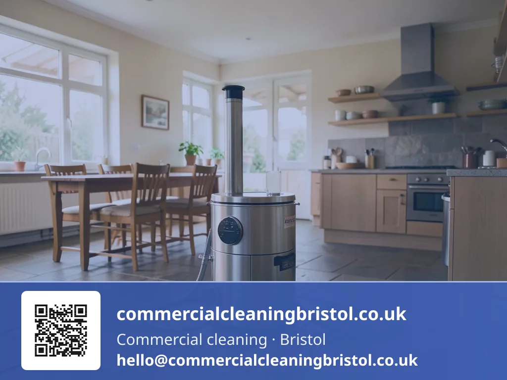 Commercial-grade rotary scrubber working a large kitchen-diner's stone floor in a private house