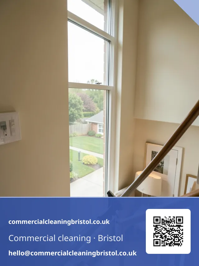 Tall window in a stairwell cleaned with a squeegee on an extension pole