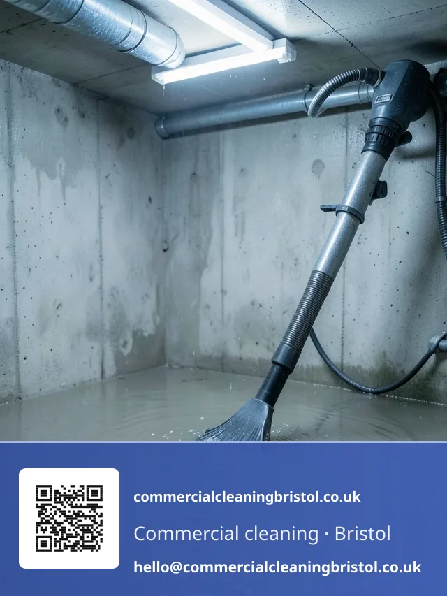 Wet-vacuum drawing a burst-pipe flood from a basement plant-room ante-area